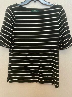 Ralph Lauren Black and White Striped Boatneck Short Sleeve Top
